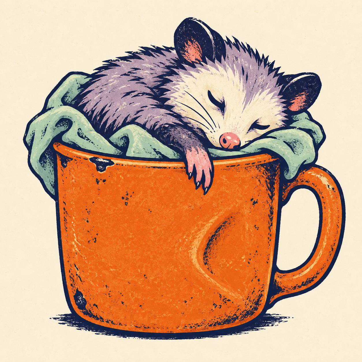 An exhausted lavender possum curled asleep in an orange coffee mug under a mint blanket